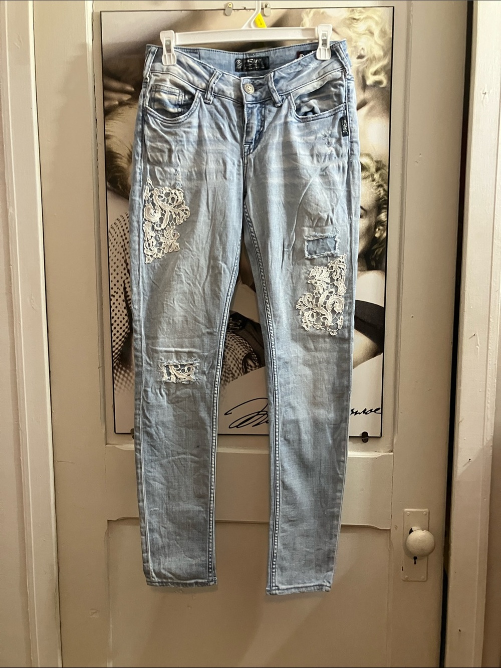 Silver Jeans Light Blue Skinny Jeans with Lace Patch Details